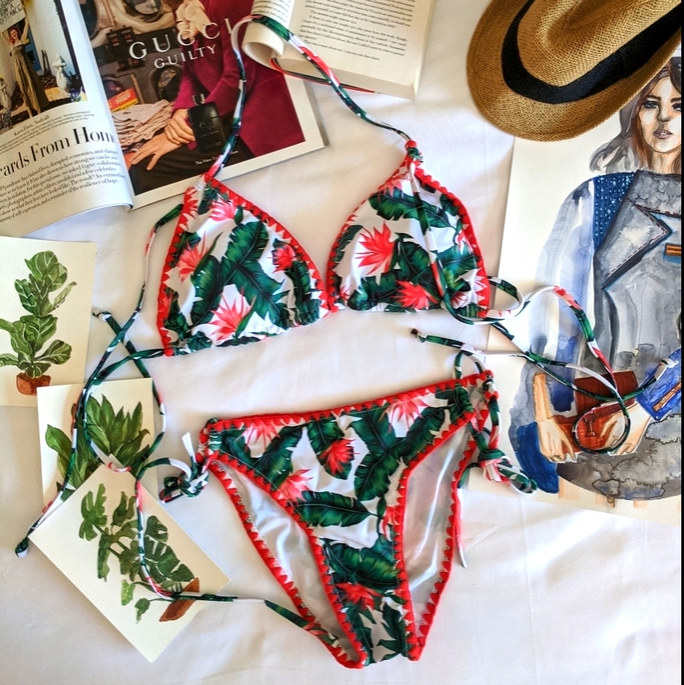 Leaf Print Low Waist Tied Strap Women Bikini Set